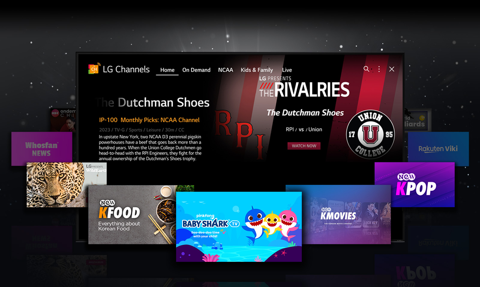É apresentado o ecrã inicial de 'LG Channels' e várias imagens do conteúdo do LG Channels ao redor.